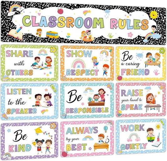 Classroom Rules Bulletin Board Set Colorful Composition Notebook Classroom Rules Paper Cutouts Motivational Educational Behavior Posters Wall Decor for Back to School Wall Door Decor Teacher Supplies