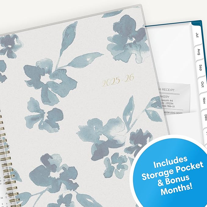 Blue Sky 2025-2026 Weekly and Monthly Academic Year Planner Calendar, July 2025 - June 2026, 8.5" x 11", Flexible Cover, Wirebound, Storage Pocket, Bakah Blue