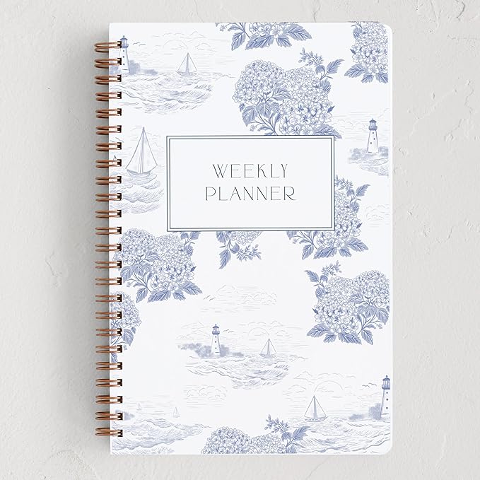 Minted Coastal Toile 2026 Weekly & Monthly Undated Planner, 5.5" x 8.5" Blue Nautical Spiral Bound Planner Notebook, 132 Pages, Undated Monthly & Weekly Layouts for Home or Office
