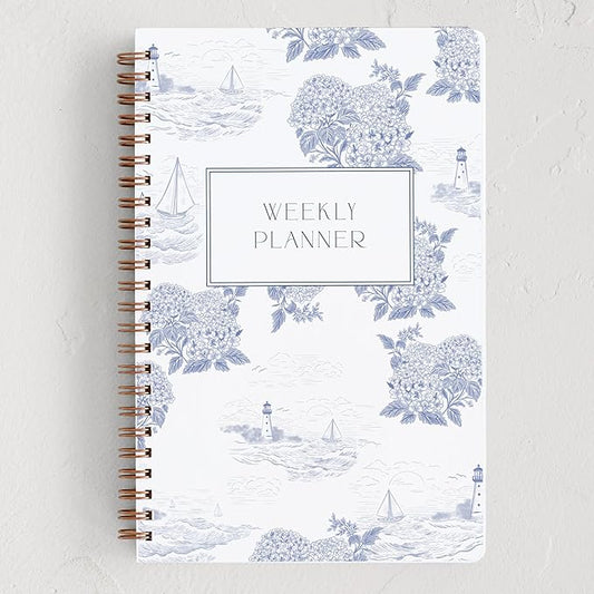Minted Coastal Toile 2026 Weekly & Monthly Undated Planner, 5.5" x 8.5" Blue Nautical Spiral Bound Planner Notebook, 132 Pages, Undated Monthly & Weekly Layouts for Home or Office