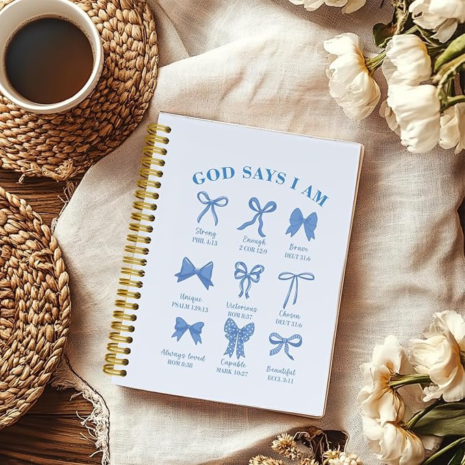Bible Journal for Women, Christian Prayer Journal Blue Notebook Gifts For Teen Girls Kids, Bible Study Supplies, Coquette Preppy Blue Bows Cute Church Faith Journaling Hardcover Spiral Notebook 5.5 X 8.3