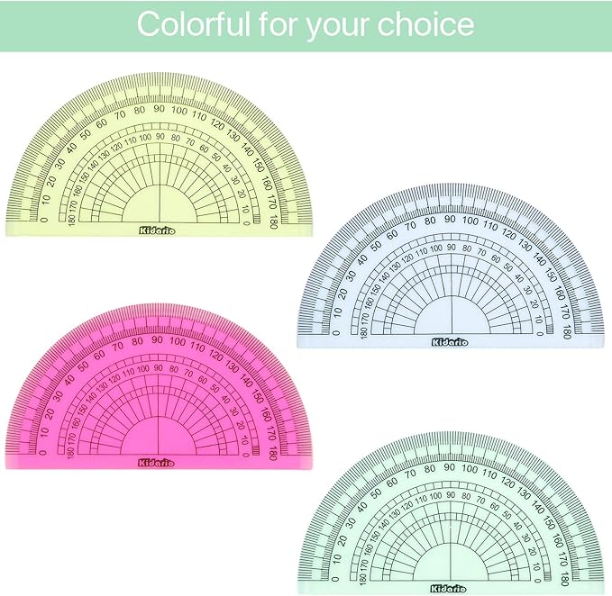 24 Pack Plastic Protractors Math Protractor 180 Degrees 4 Inch (Red Green Yellow Blue)