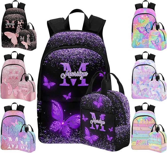 M YESCUSTOM Custom Backpack for Girls, Butterfly Personalized Girls Backpack Customized Kids Bookbag with Name Elementary Middle Back to School Bags Travel Laptop Back Pack Casual Daypacks