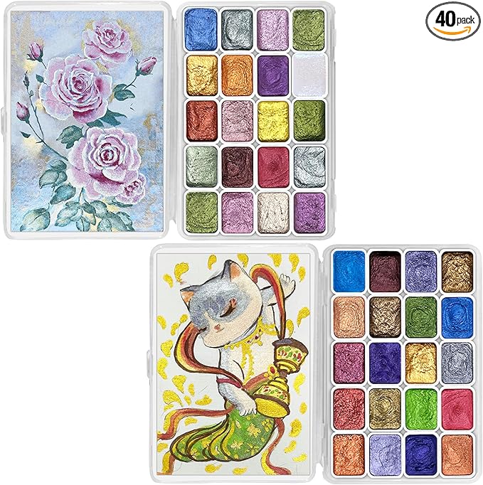 CraftyManor Mini Forestry Shifting Watercolor Painting Set, 40 Color Shifting Watercolor Paints, Shimmer Metallic & Glitter Watercolor Paints, Rococo & DunHuang Style