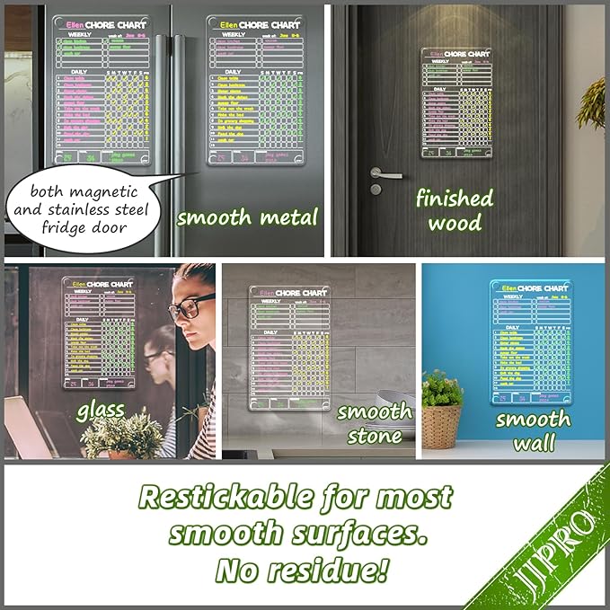 JJPRO Non-Magnetic Dry Erase Chore Chart for Fridge, 8.5"x13" Clear Reusable Chore Board, Dry Erase Chore Chart for Refrigerator,Cabinet,Wall&Glass, All Smooth Surfaces