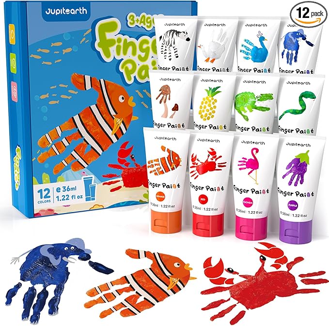 JUPITEARTH 28 PCS Finger Paint, Baby Safe Paints for Hand and Feet, Washable Paint for Kids, Non-Toxic 12 Vibrant Colors (1.22fl oz/36ml ) , Palette, Apron, Brush, Eye Stickers, Safe Preschool Art Supplies for Kids