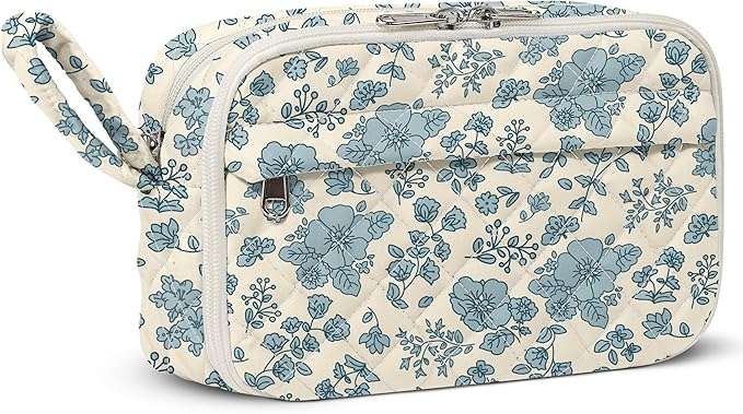 WOBAGMEN Quilted Pencil Pouch for Girls Women, Large Pencil Case Pouch with Compartments Cute Aesthetic Pencil Case Organizer, Floral Pencil Bag for School Supplies (blue floral)