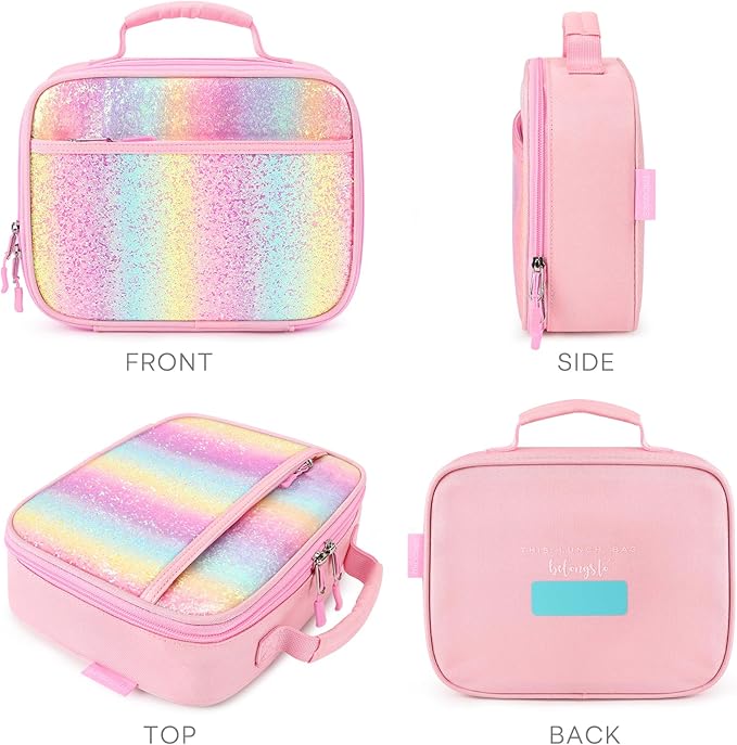 mibasies Kids Lunch Box for Girls Toddler, Insulated and Reusable Lunch Bag for School, Pink Blue Rainbow