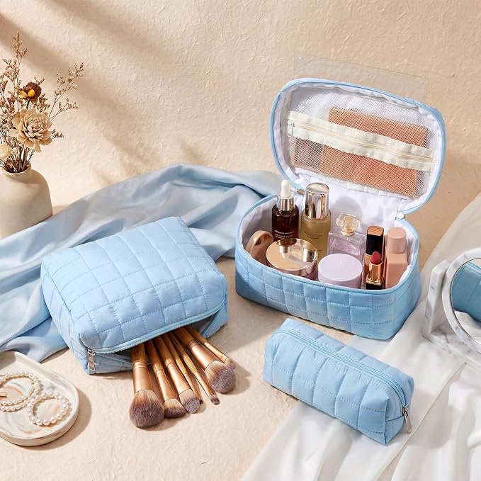Huhumy 3 Pcs Large Puffy Makeup Bag Set Quilted Cosmetic Pouch for Women Cute Checkered Travel Toiletry Bag Puffer Makeup Organizer Purse Pouch Preppy Pencil Case with Zipper Valentine Gift(Blue)