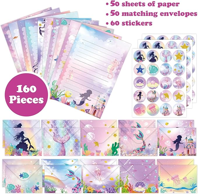 Mermaid Stationery Set with Cute Ocean Envelopes, Lined Paper, Sealing Stickers – 160 Pcs Under the Sea Fantasy Stationery Paper Envelopes Set for Girls, Writing Letters, Party Invitations