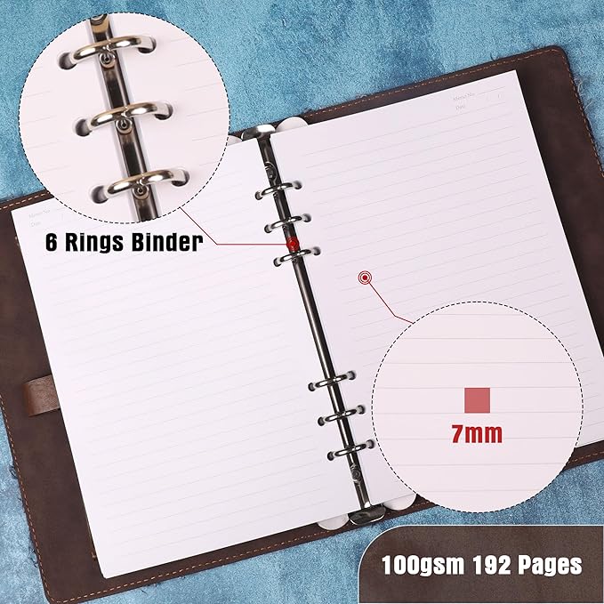 TIEFOSSI Denim Journal for Women Men, Vintage PU Leather Journals, College Ruled Notebook with 6 Ring Binder, Refillable Notebooks with Pockets for School Travel Sketch 7 x 9.2 in