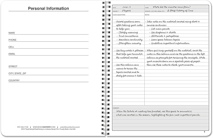 BookFactory Universal Note Taking System, Cornell Notes, Notetaking Notebook, 120 Pages, 8.5" x 11" (Made in USA)