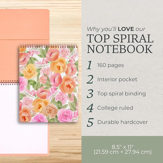Steel Mill & Co. Large Top Spiral Notebook, Watercolor Posey Floral