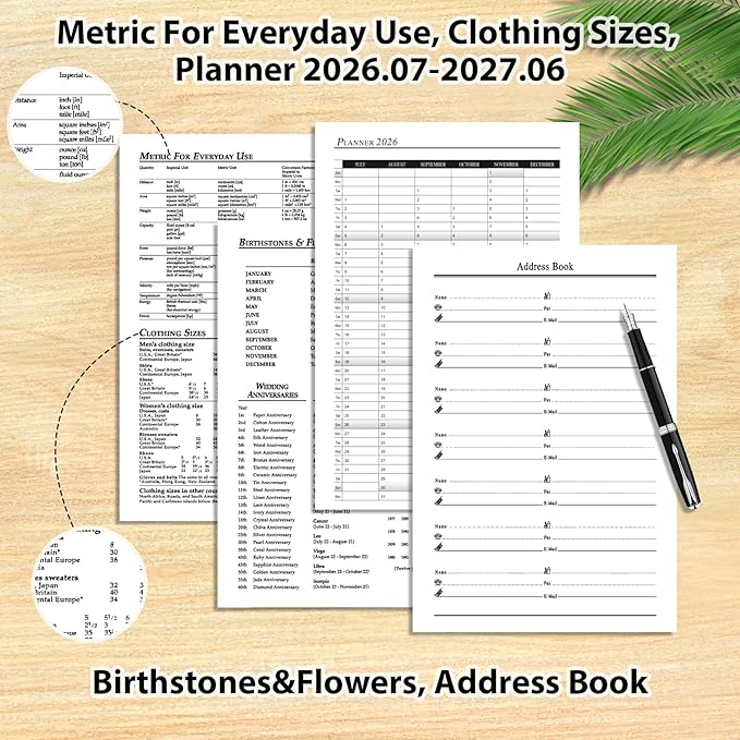 2026–2027 Weekly Planner Refills for A5 6-Ring Binder, Monthly Planner Jul 2026 to Jun 2027 with Schedule Planner, Personal Organizer, Contacts, Diary Refills 100 GSM Weekly Planner