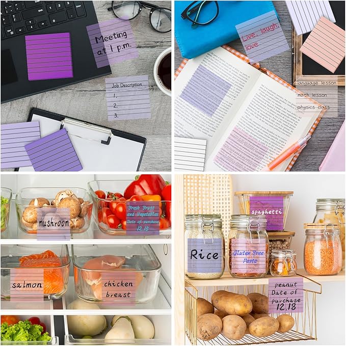 3x3 Inch Transparent Sticky Notes 300 Sheets, Clear Translucent Lined Self-Adhesive Memo Repositionable Reminder Pad for Office, College Students, Planners, Journals, School Supplies (Purple)