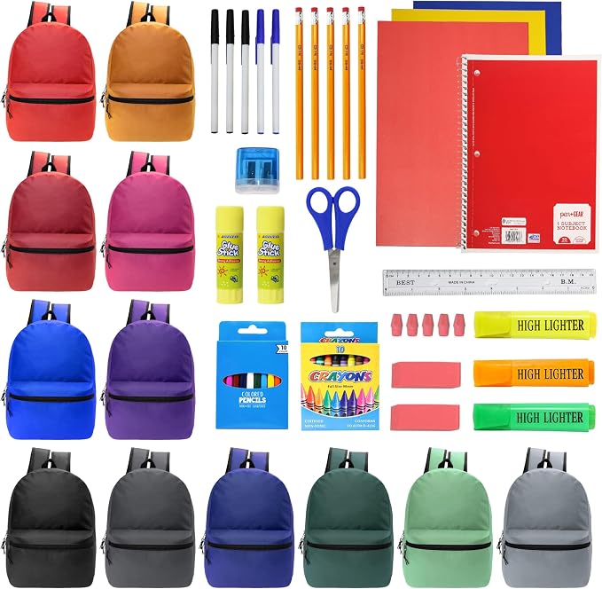 Moda West 17 Inch Bulk Backpacks with 50 Piece School Supplies Kits - Pens, Pencils, Crayons - Case of 12 Wholesale Backpacks in 12 Assorted Colors