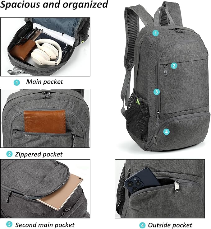 TANTOMI Ultra Lightweight Packable Backpack 25L - Foldable Hiking Daypack for Travel, Compact Pocket Gym Sack & City Commuting Gear - Gray