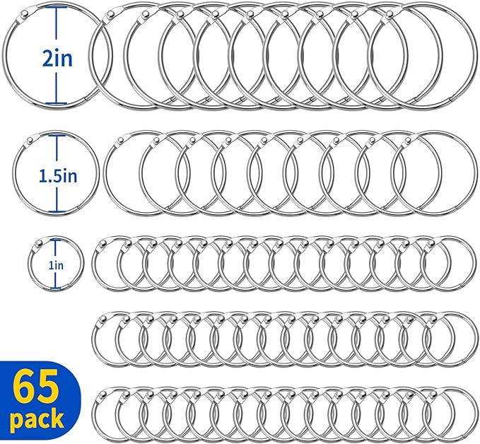 65 Pcs Binder Rings Assorted Sizes (1, 1.5 & 2 inch) - Nickel Plated Silver Metal Book Rings for Index Cards, Keychains, Loose Leaf Paper, Heavy Duty Binder Clips