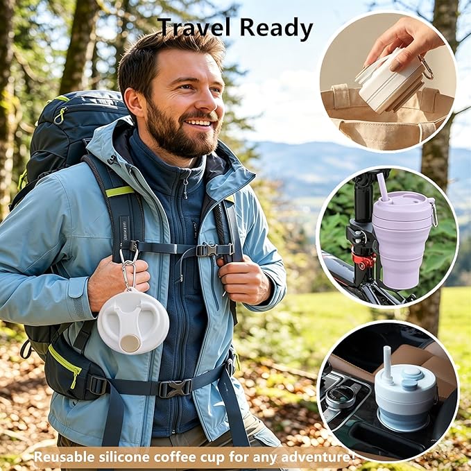 IYYI Collapsible Travel Cup, Silicone Coffee Cup with Lid, 20.3 oz Travel Coffee Mug with Straw, Folding Cup for Hiking Camping Office - Dishwasher Safe (Khaki)