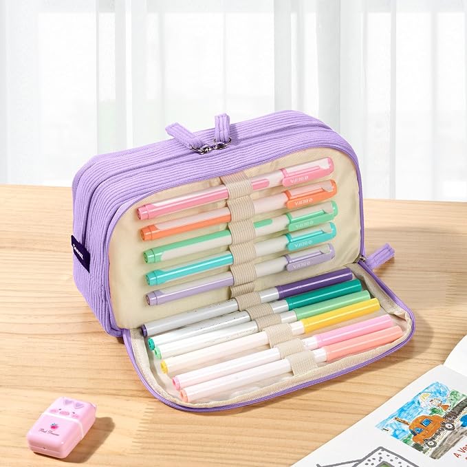 Sooez Big Capacity Pencil Case Pen Pouch, Soft Corduroy Pencil Bag | with 3 Compartment, Multiple Pockets, Sturdy Zipper, Cute School Supplies Pen Bag Organizer For Teen Girls College, Purple