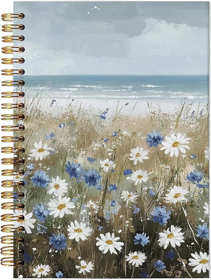 Beach Wildflowers Hardcover Spiral Notebook - Coastal Boho Farmhouse Flowers Nautical Sea Journal for Women, Ocean Themed Gifts for Beach Lovers, White and Blue Daisy Seaside Notebook 5.5x8.3 Inch