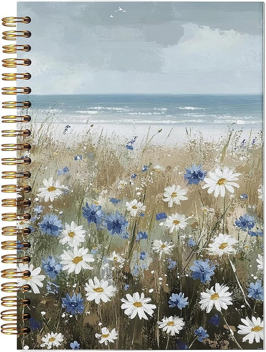 Beach Wildflowers Hardcover Spiral Notebook - Coastal Boho Farmhouse Flowers Nautical Sea Journal for Women, Ocean Themed Gifts for Beach Lovers, White and Blue Daisy Seaside Notebook 5.5x8.3 Inch