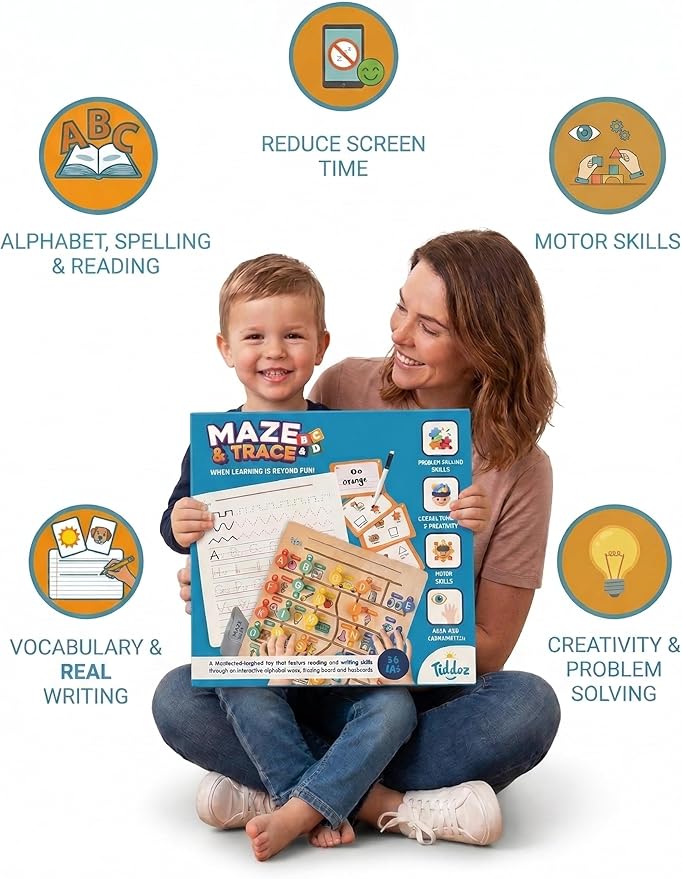 All‑in‑One Montessori Learning Set – ABC Tracing Wooden Board, Letter Matching, 100+ Sight Words Flashcards & Writing for Preschool & Kindergarden Toddlers Ages 3-6