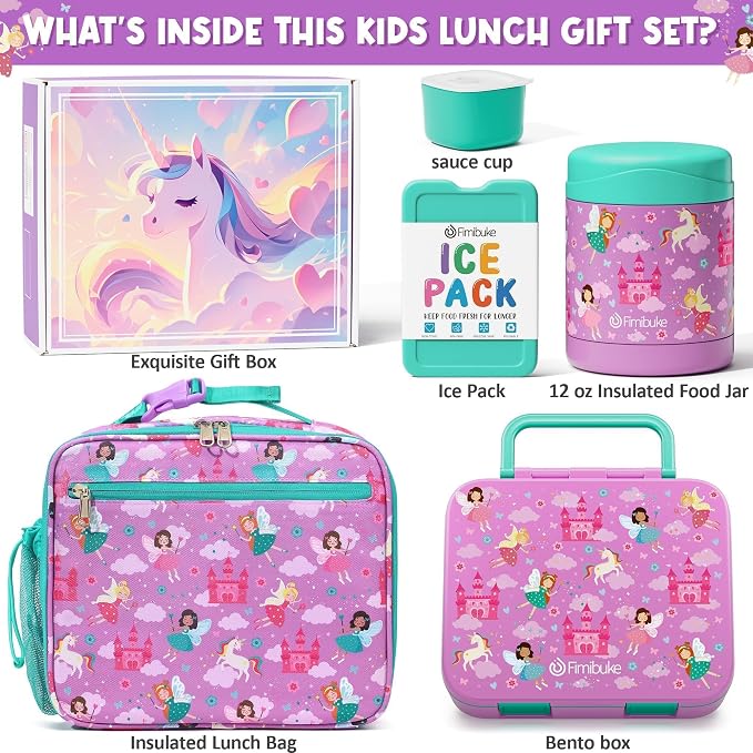 Fimibuke Bento Lunch Box for Kids Toddler Girl with 12OZ Insulated Food Jar | 3-Compartment 32OZ Snack Lunch Container Bento Box, Lunch Bag & Ice Pack Set for Age 3-12 School Daycare Camp, Fairies
