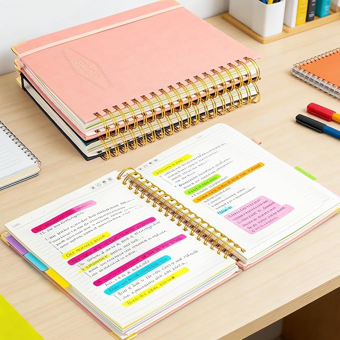 M&G Hardcover Spiral Notebook, 5 Subject Noteboook College Ruled 300 Page, Large 8"x10" B5 Notebooks for Work School, Lined Journal for Women & Men, Pink