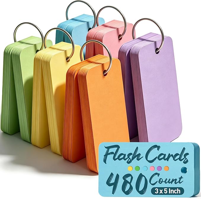 Koogel Index Cards with Ring for Studying, 480 PCS, 3x5 Inch, Colored Flash Cards with Key Ring, Notecard for School College Memory Vocabulary Greeting Memo Home Organization Supplies, 6 Colors