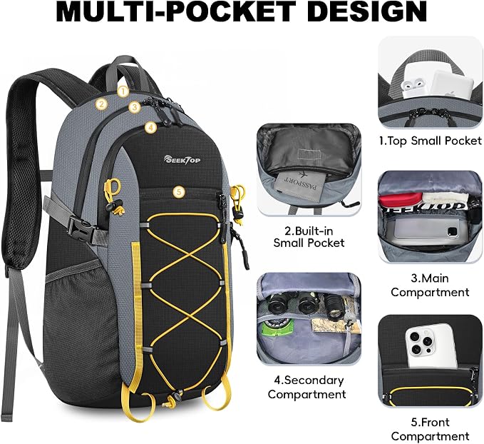 Seektop Packable Waterproof Hiking Backpack, 20L Lightweight Daypack | Tear-Resistant Nylon Material, Multi-Compartment Storage, Ultralight Small Foldable Travel Hiking Daypack for Men & Women