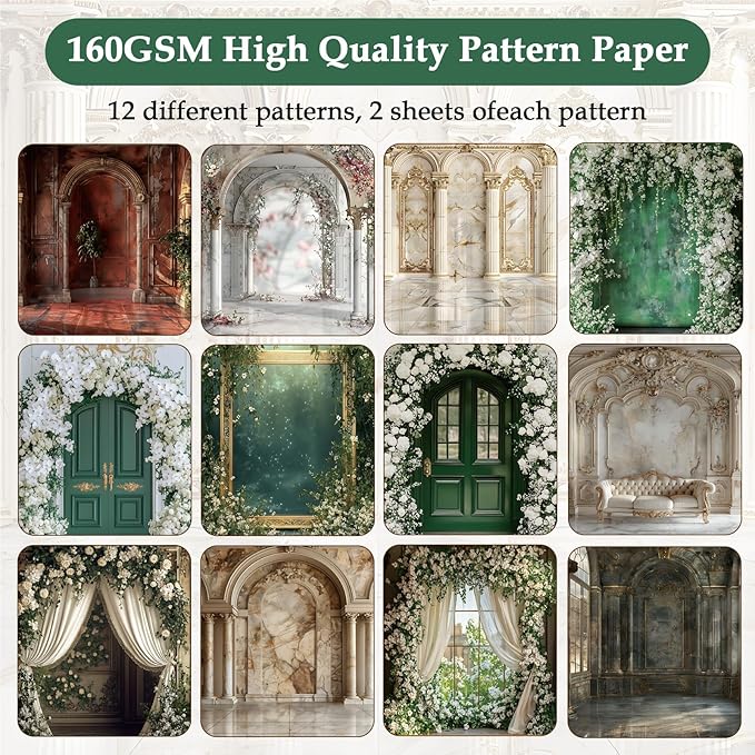 Scrapbook Paper,24 Sheets 6"x 6" Vintage Scrapbook Supplies,Single-Sided Pattern Decorative Cardstock Paper for Junk Journal,Card Making,DIY Album, Art Journaling,Decoupage Craft,Palace Door