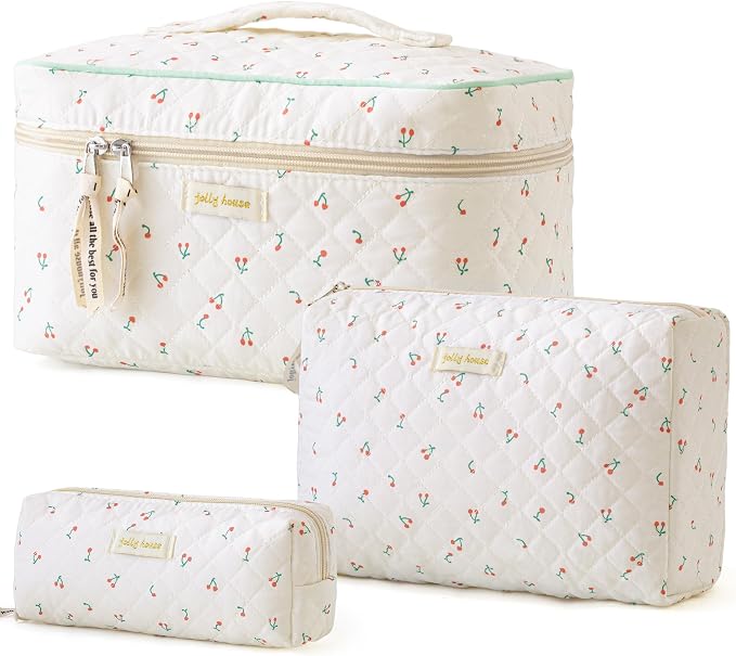 HBselect Quilted Makeup Bag, 3Pcs Cotton Large Travel Makeup Bags Organizer | Cute Floral Make up Bag Cosmetic Bag Toiletry Bag for Women Girls, Makeup Pouch for Skincare, Brushes & Travel Essentials