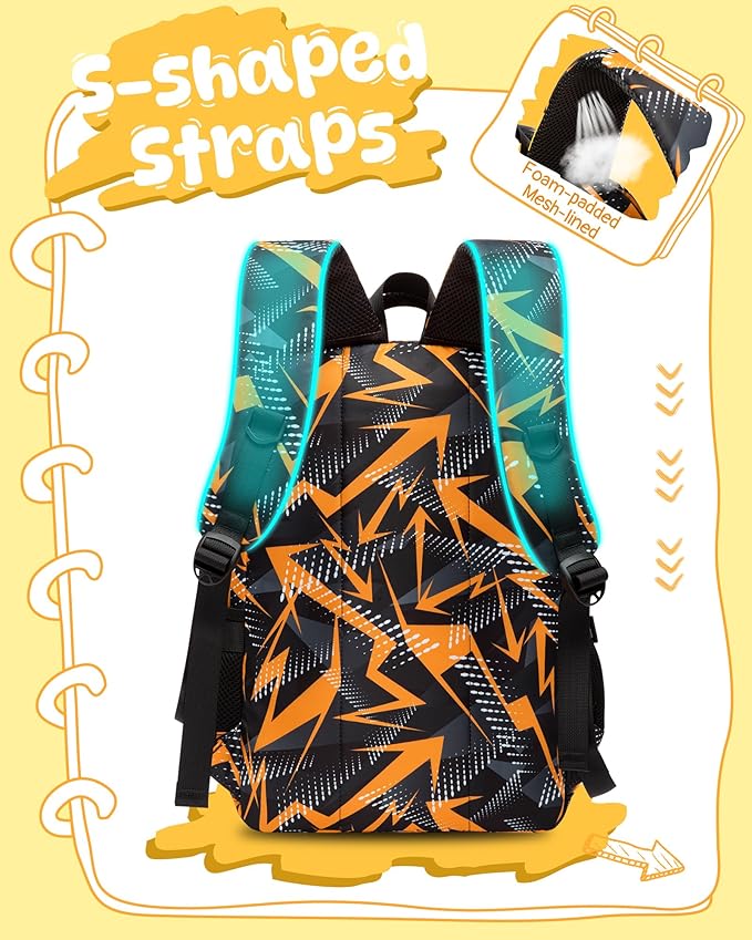 BLUEFAIRY Kids School Backpack for Boys Girls Ages 6-8 8-10 10-12 Elementary Middle School Book Bags with Laptop Compartment Mochilas Escolares para Niños Niñas de 8 10 12 Años (Orange, Geometric)