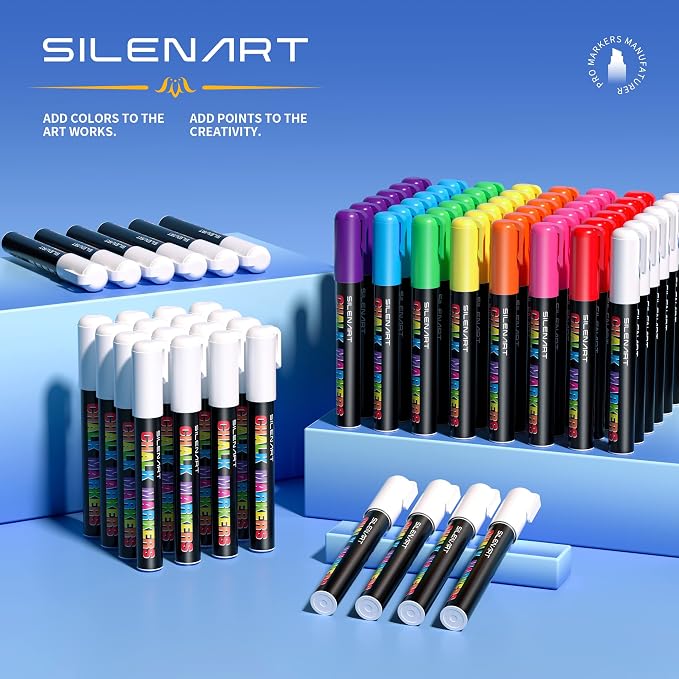 SILENART White Liquid Chalk Markers - Chalk Markers White - Dry Erase Markers Pen - for Chalkboard Signs, Windows, Blackboard, Glass