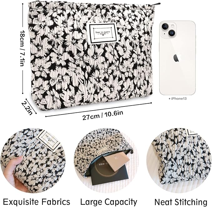 STARDW Aesthetic Floral Makeup Bag Cute Small Cosmetic Bags for Women Girls, Travel Toiletry Bag Large Capacity Zipper Makeup Pouch, Purse Organizer Pouches (White Flowers)