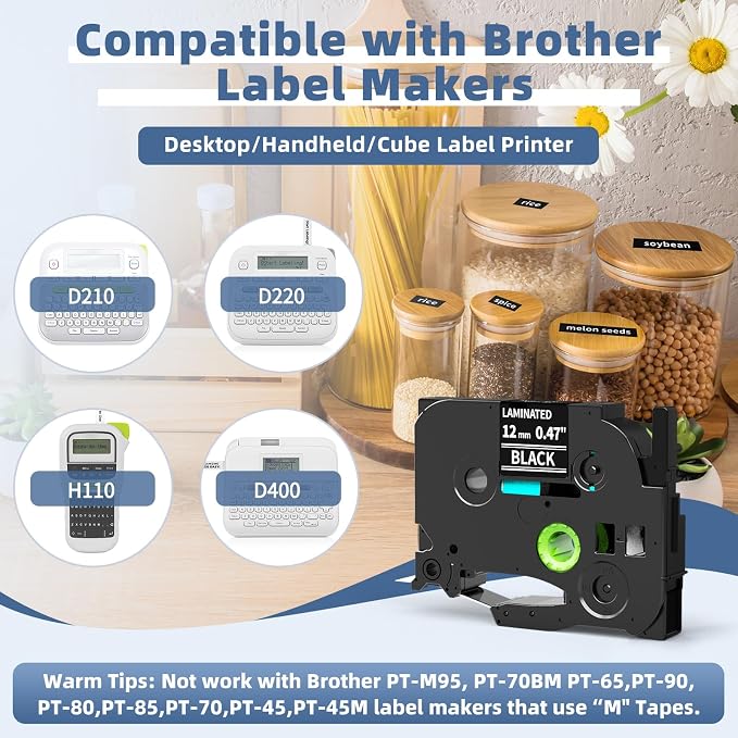 5X Replace for Brother P-Touch Label Tape Black Laminated 12mm 0.47 TZe-335 | Compatible with Brother Label Maker Tape 1/2 Inch White on Black TZe TZe335 for PT-D210 D220 H110 D410 P710BT H111 1070 1880