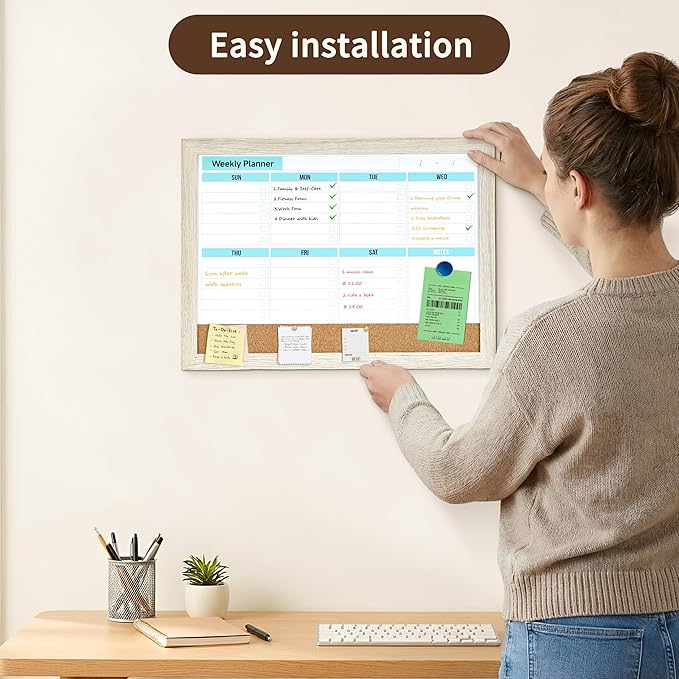 Magnetic Weekly to Do List Planner White Board 16x12 Inch - Dry Erase Calendar Board with Cork Combo for Wall, Home Office Kitchen