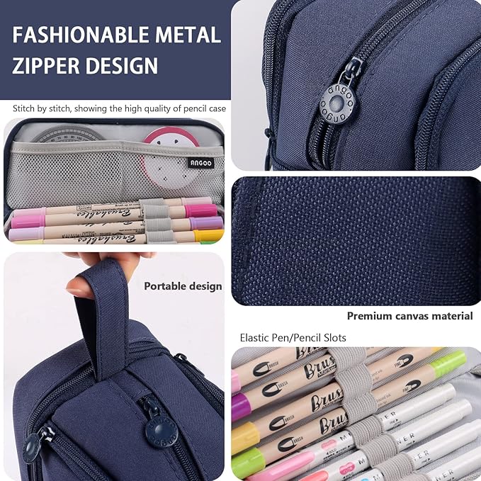 MAMUNU Large Capacity Pencil Case 4 Compartments, Pencil Pouch Bag with Zipper Portable Handle, Pen Case Bag Stationery Organizer for Office College School Adults Teen Girls Boys Men Women, Dark Blue