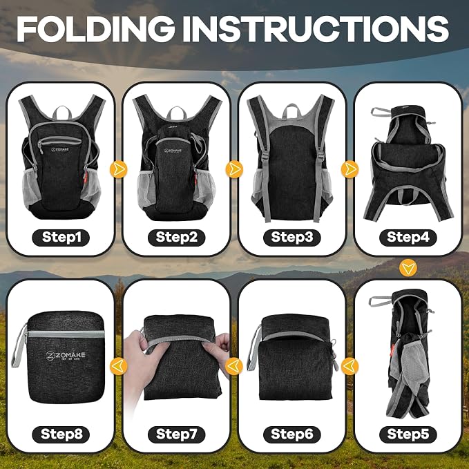 ZOMAKE Lightweight Packable Backpack, 10L Small Foldable Daypack for Hiking | Water Resistant Collapsible Backpacks for Women Men, Everyday Carry, Multi Compartment Storage, Adjustable Strap(Black)