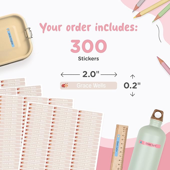 StiKiddo® Personalized Kids Name Labels for Pencils Sand [300pcs] - Name Stickers for School & Daycare - Pencil Waterproof Name Stickers - Children Name Stick On Labels for Pens (2.0”x0.3”)