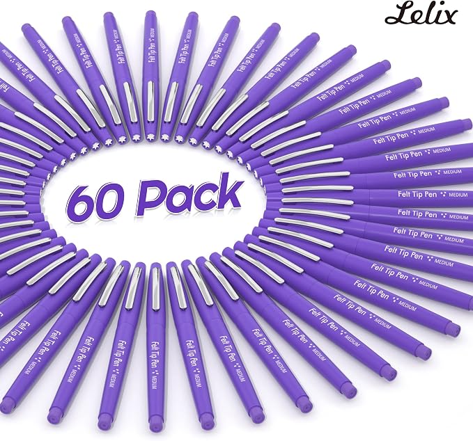 Lelix Felt Tip Pens, 60 Purple Pens, 0.7mm Medium Point, Felt Tip Markers Pens for Journaling, Writing, Note Taking, Planner, Perfect for Art Office and School Supplies