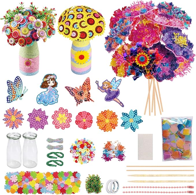 Mostop Poke-in Art Flower Bouquet DIY Craft Kit for Girls Age 4-5 6-7 8-12, Mess-Free Button Felt Flower Making Set, Creative Activity Educational Birthday Gift Toys for 6-8 8-10 Year Old Kids
