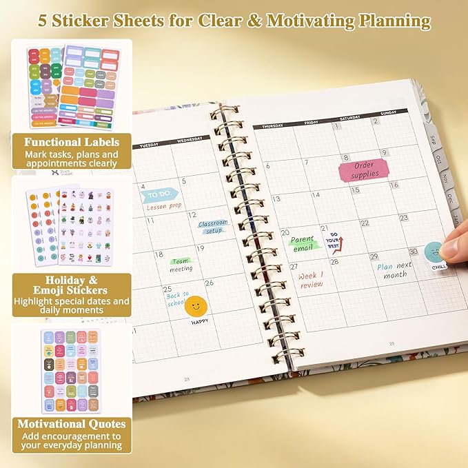 JoyCat 13-Month Academic Planner 2026-2027, June 2026 - June 2027, A5 Weekly & Monthly Planner, Hardcover Agenda with Tabs, 5 Sticker Sheets, Elastic Closure & Pocket for Teachers & Students, 6.3" x 8.5", Wildflower