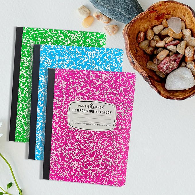 PARTH iMPEX 12 Pack Bulk Composition Notebooks College Ruled, 200 Pages (100 Sheets), 9-3/4 x 7-1/2, Hard Cover College Ruled Notebooks, Assorted Colors Composition Notebook For School Office