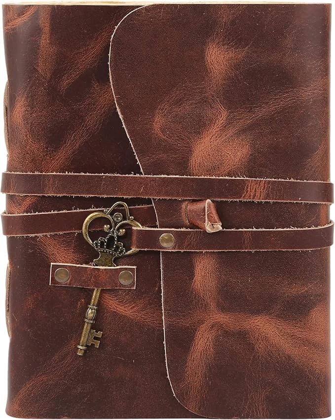 Leather Journal with Deckle Edge Paper 8x6 inch and Vintage Key | Handmade Writing Notebook Diary | Bound Daily Notepad for Men & Women Medium, Sketch/Writing pad for Artists
