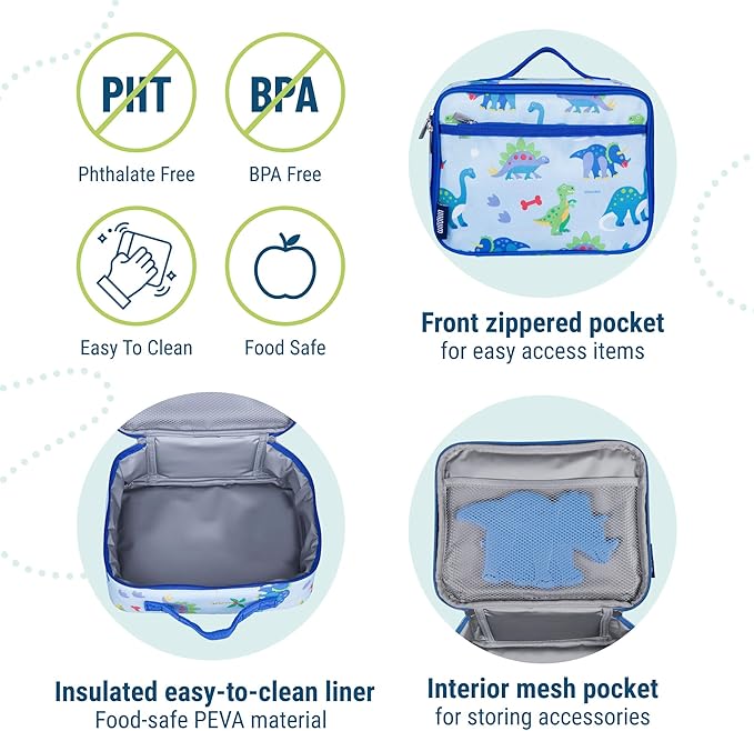 Wildkin Kids Insulated Lunch Box, Keeps Food Hot or Cold, BPA-Free with Mesh Pockets & Easy-Clean Lining – Ideal for School, Travel & Daycare – Dinosaur Land