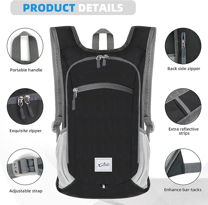 Xgunion Hiking Backpack 10L Lightweight Foldable (Black) | Small Travel Daypack, Packable Camping Backpack for Women Men