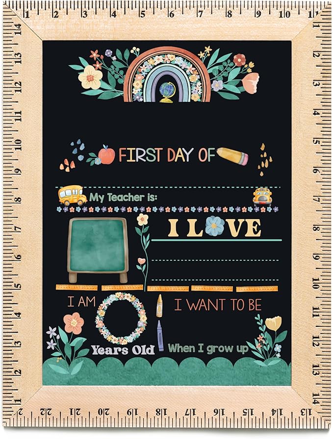 First Day of School Sign (11.5"x15"), Reusable Chalkboard, Easy to Clean with Real Wooden Ruler Frame, Perfect for Back to School, First Day of Kindergarten (Rainbow Garden)