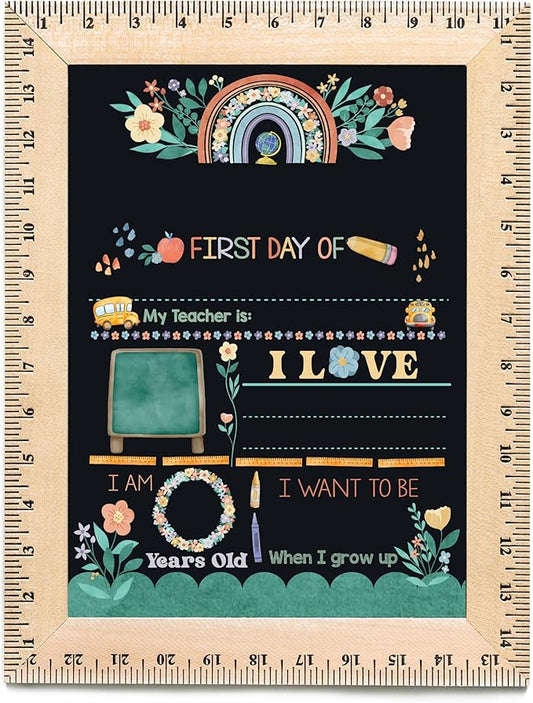 First Day of School Sign (11.5"x15"), Reusable Chalkboard, Easy to Clean with Real Wooden Ruler Frame, Perfect for Back to School, First Day of Kindergarten (Rainbow Garden)